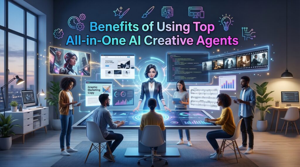 A diverse creative team collaborating in a modern office with digital interfaces showcasing various media types, highlighting the benefits of top all-in-one AI creative agents.