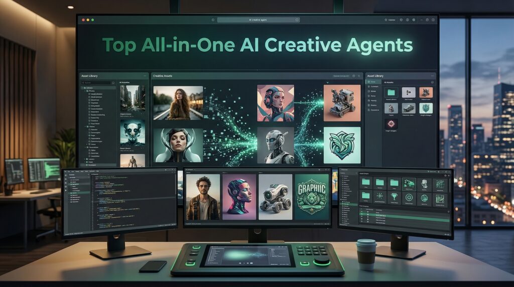 A modern digital workspace displaying a variety of creative assets and coding interfaces, highlighting the capabilities of top all-in-one AI creative agents for seamless content creation.