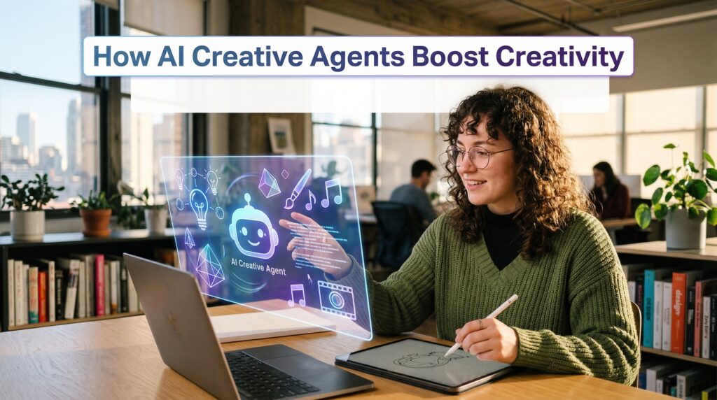 A woman using a digital tablet and laptop in a modern office, interacting with a virtual interface that showcases creative tools and multimedia elements.