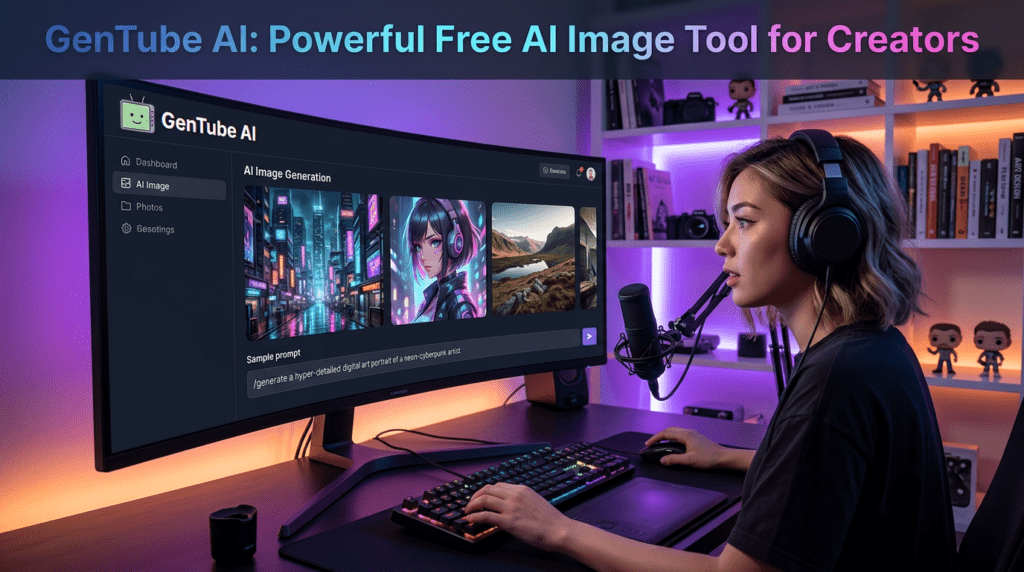 Content creator using GenTube AI at a desktop setup to generate digital artwork and explore AI powered image creation tools