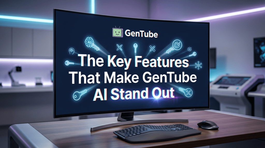 Modern desktop display presenting GenTube AI in a futuristic workspace with digital icons representing creative tools and features