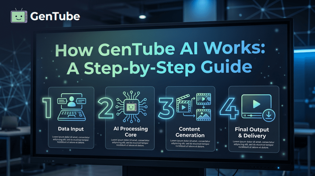Step by step workflow graphic showing how GenTube AI processes prompts, creates visual content, and delivers final generated output