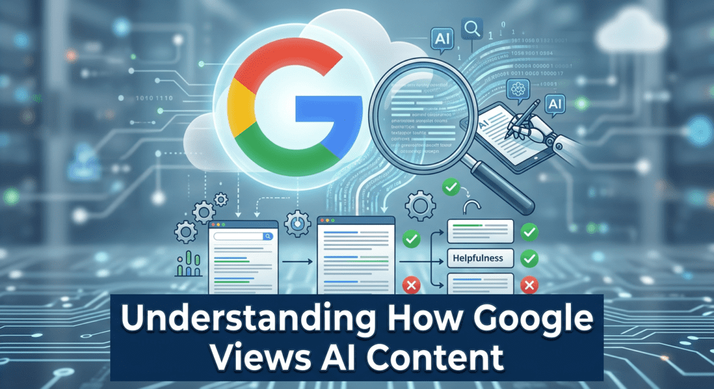 A digital illustration showing the concept of how Google views AI content, featuring the Google logo, AI icons, a magnifying glass, and content evaluation symbols.