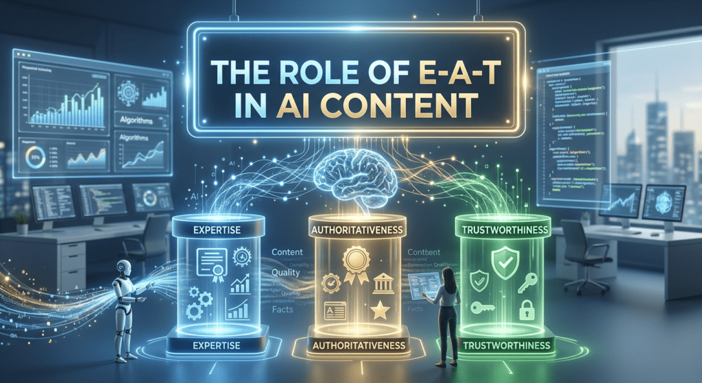 A futuristic digital workspace illustrating the role of E-A-T in AI content, highlighting expertise, authoritativeness, and trustworthiness as key factors in how Google views AI content.