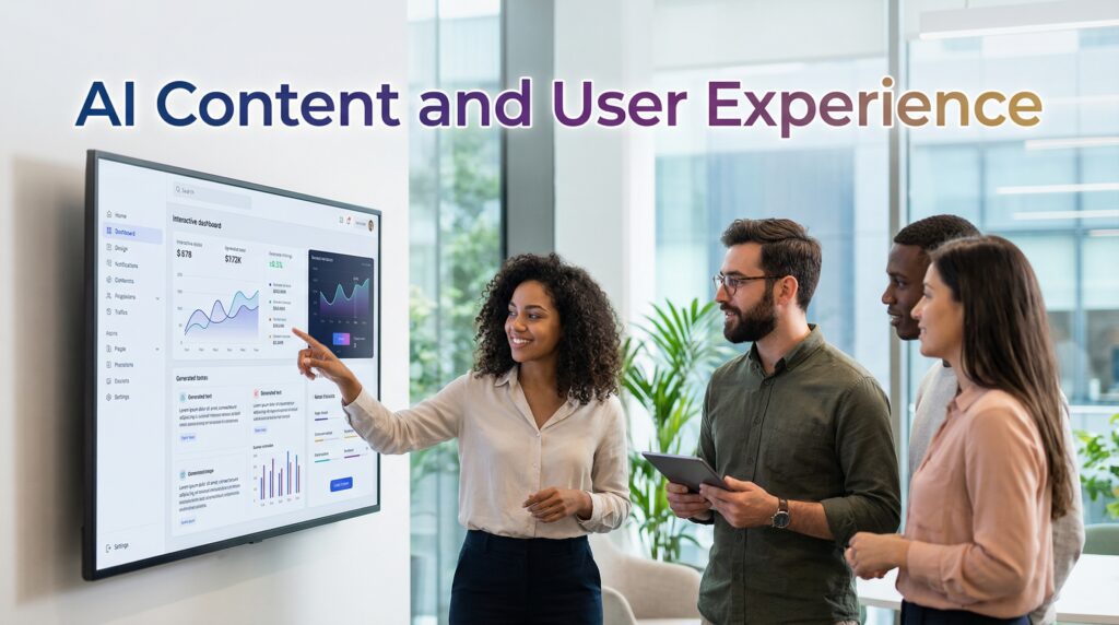 A diverse team discussing data and analytics on a large screen, demonstrating collaboration and insights related to how Google views AI content in user experience.