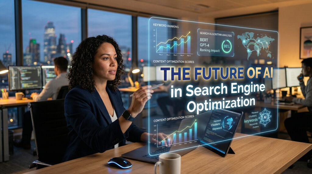 A professional woman working on a laptop in a modern office with a city skyline view, surrounded by colleagues focused on computer screens and data analysis.