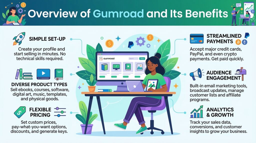 Illustration of a creator using the top Gumroad digital marketplace to manage products, payments, and audience engagement on a computer.