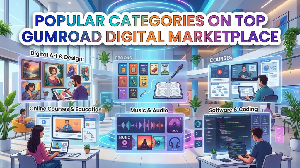 Illustration showing popular categories on top Gumroad digital marketplace, including digital art, ebooks, courses, music, and software.