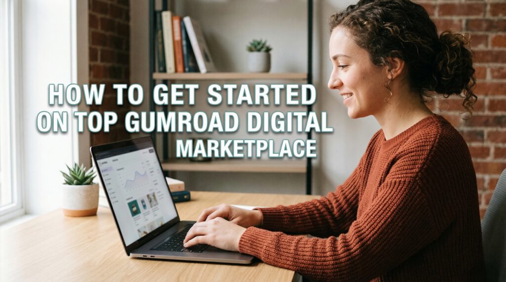 Smiling woman using a laptop to set up her first product on the top Gumroad digital marketplace in a cozy home office.