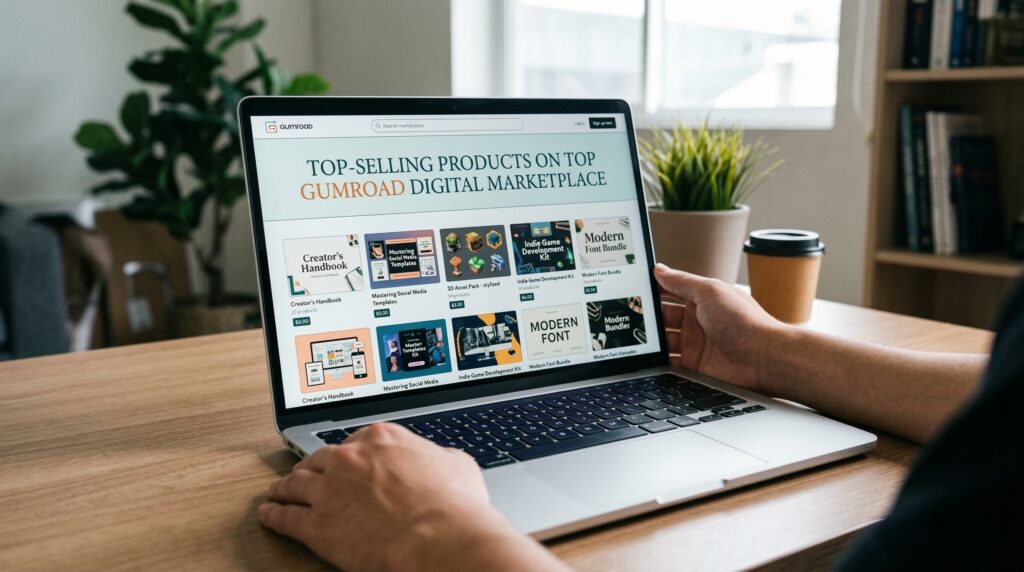 Person browsing a laptop displaying a variety of digital products for sale, with a coffee cup and plant on a wooden desk in a cozy home office setting.