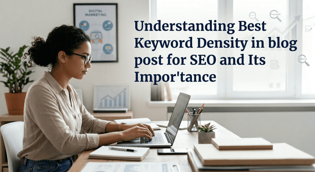 A woman working on a laptop in a bright office, focusing on optimizing content with the best keyword density for SEO to improve search rankings and readability.