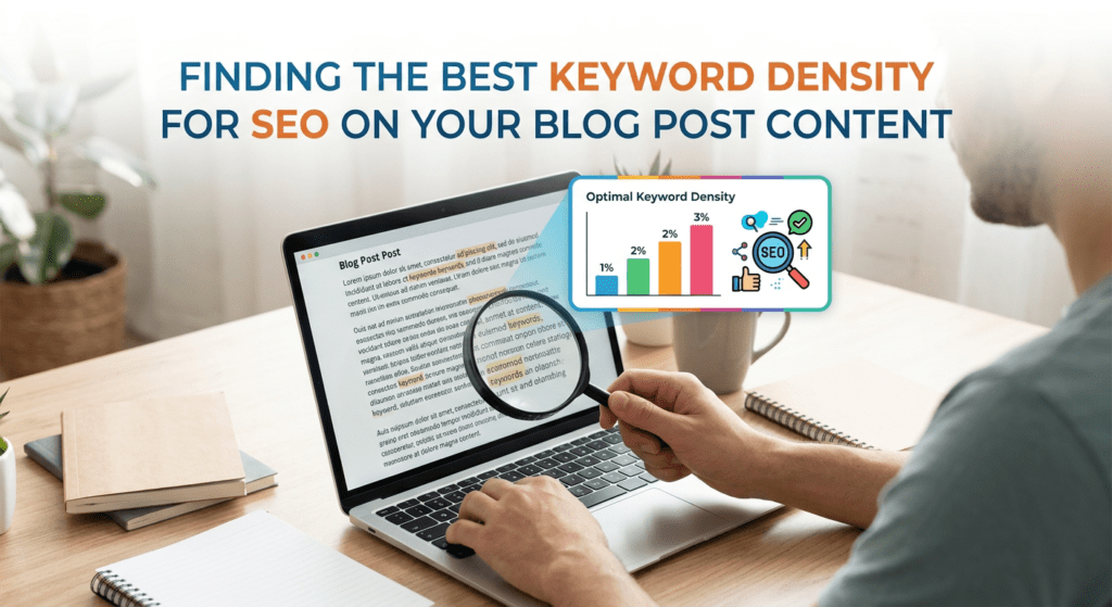 A person analyzing blog content on a laptop with a magnifying glass, focusing on finding the best keyword density for SEO to enhance blog post optimization.