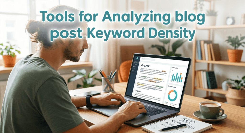 A man working on a laptop analyzing blog content, focusing on tools for the best keyword density for SEO to improve content optimization and search rankings.