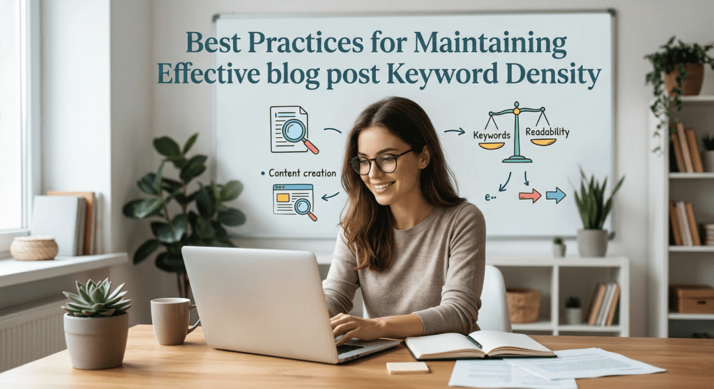 A woman working on a laptop at a wooden desk in a bright, modern office space with plants and bookshelves in the background.