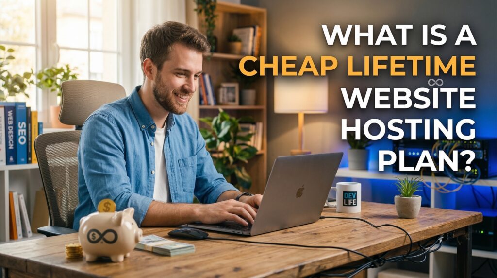 A man smiling while working on a laptop in a modern office, illustrating the benefits of a cheap lifetime website hosting plan for long-term online presence.