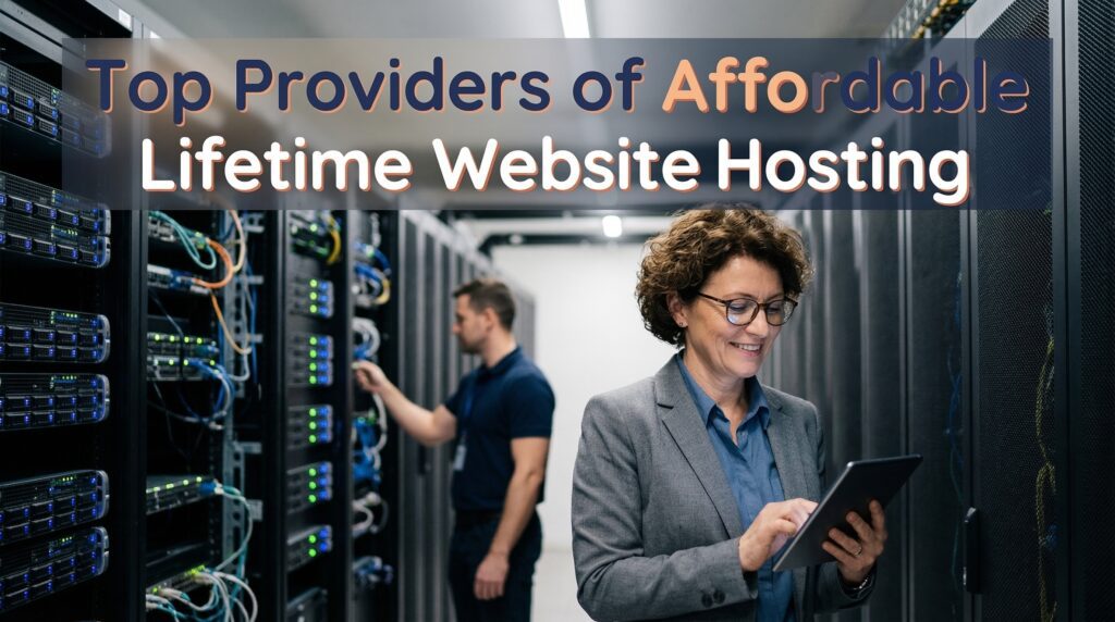 A woman using a tablet in a server room while a technician works in the background, highlighting the benefits of a cheap lifetime website hosting plan for reliable service.