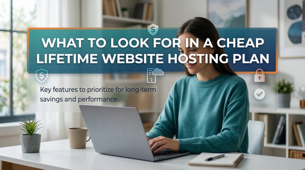 A woman working on a laptop in a bright office, researching key features to consider when choosing a cheap lifetime website hosting plan for long-term savings and performance.