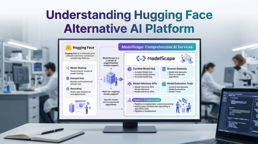 Hugging Face alternative AI platform comparison displayed on a monitor in a modern machine learning workspace