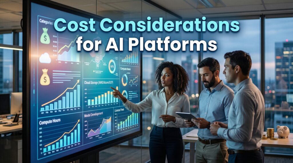 Business team reviewing pricing charts and machine learning infrastructure metrics in a modern office setting