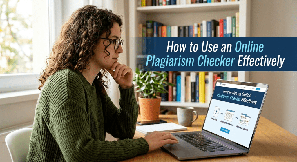 Woman sitting at a desk in a home office, thoughtfully using a laptop to review her written work, with bookshelves and a plant in the background.