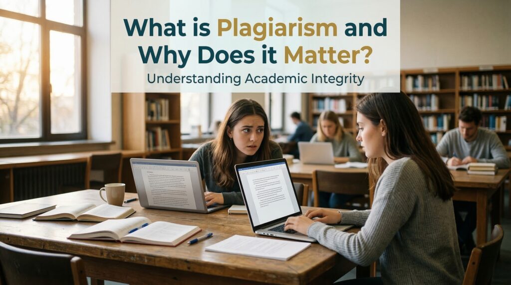 Students working on laptops in a library, using a free online plagiarism detection tool to check their academic papers for originality.