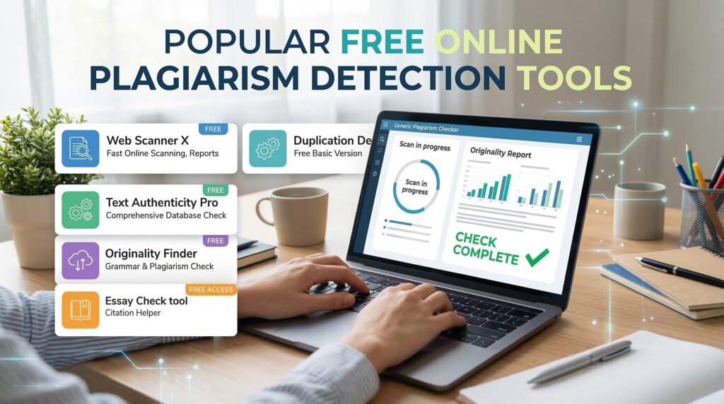 Person using a laptop at a desk to review results from a free online plagiarism detection tool, surrounded by study materials and digital reports.