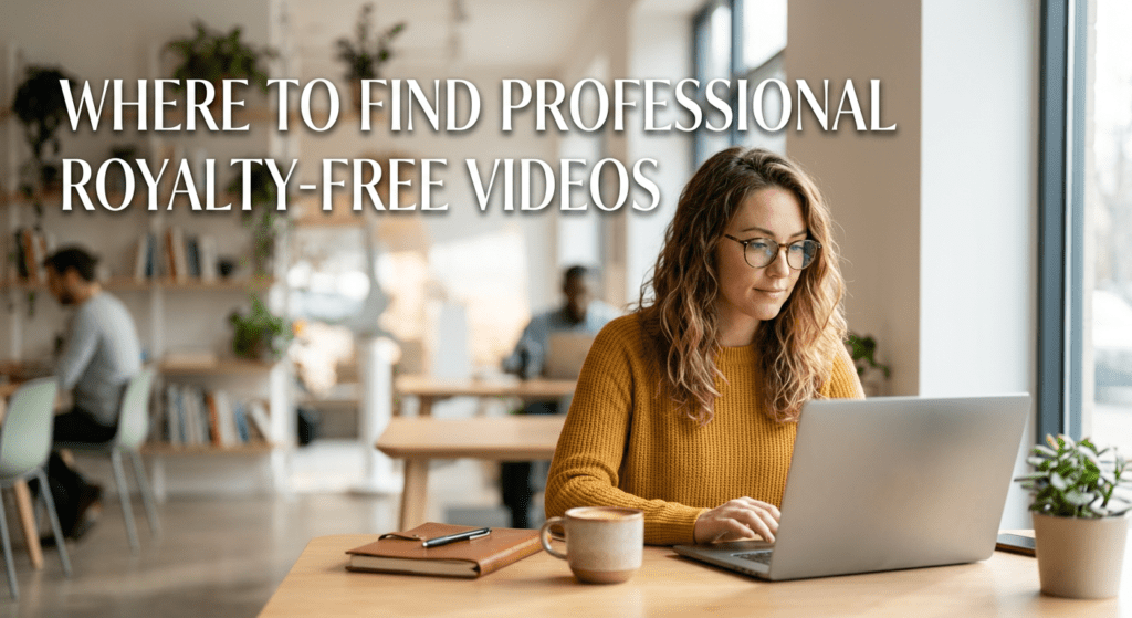 Woman working on a laptop in a bright coworking space while searching for professional Royalty-free videos for a creative project.