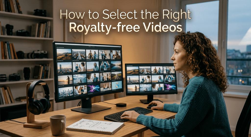 Woman reviewing multiple video thumbnails on dual monitors while searching for the best professional Royalty-free videos for her creative project.