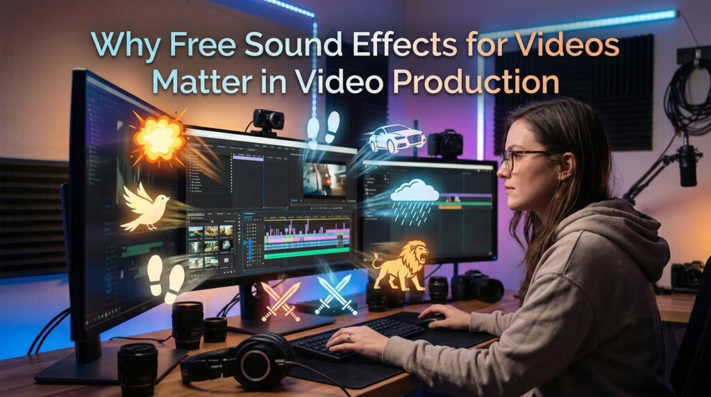 A video editor working at a dual-monitor setup, adding creative elements using free sound effects for videos to enhance a multimedia project in a studio.