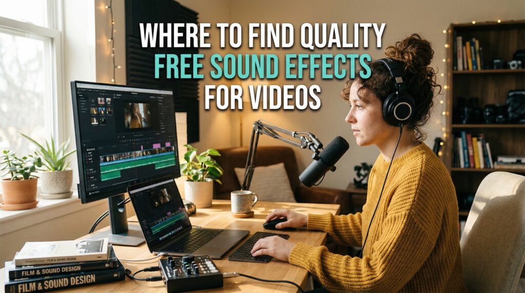 A content creator in a home studio using editing software and a microphone, searching for free sound effects for videos to enhance her multimedia project.