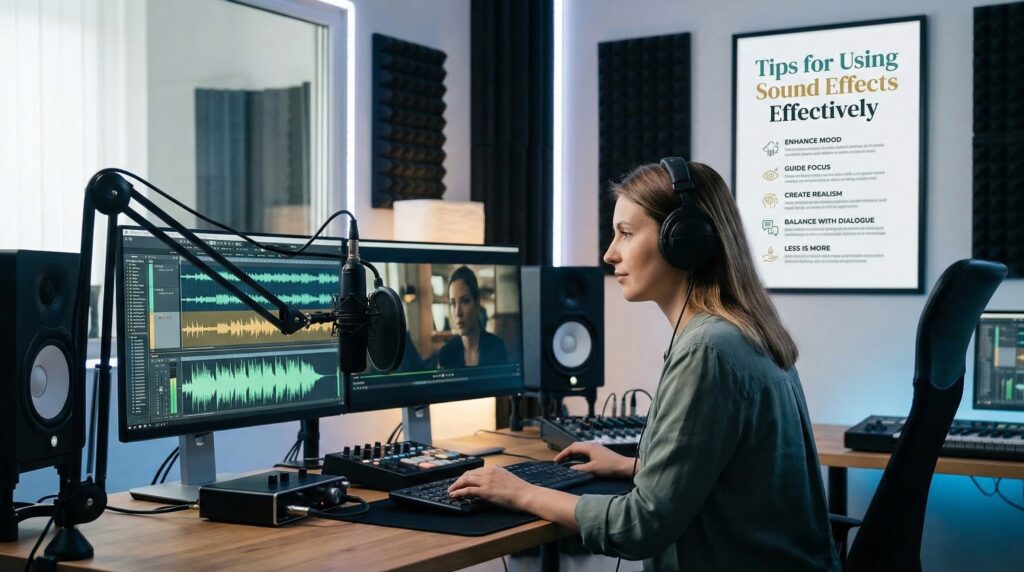 A woman wearing headphones edits audio and video on a dual-monitor setup in a modern sound studio, surrounded by professional recording equipment.