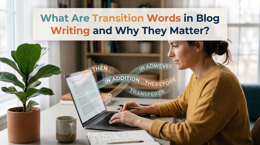 A woman working on a laptop at a desk with a notebook and coffee, illustrating the concept of transition words in blog writing to improve content flow and clarity.