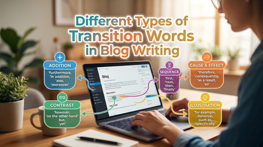A person typing on a laptop at a wooden desk with plants and a notebook nearby, demonstrating the use of transition words in blog writing to enhance content structure and flow.