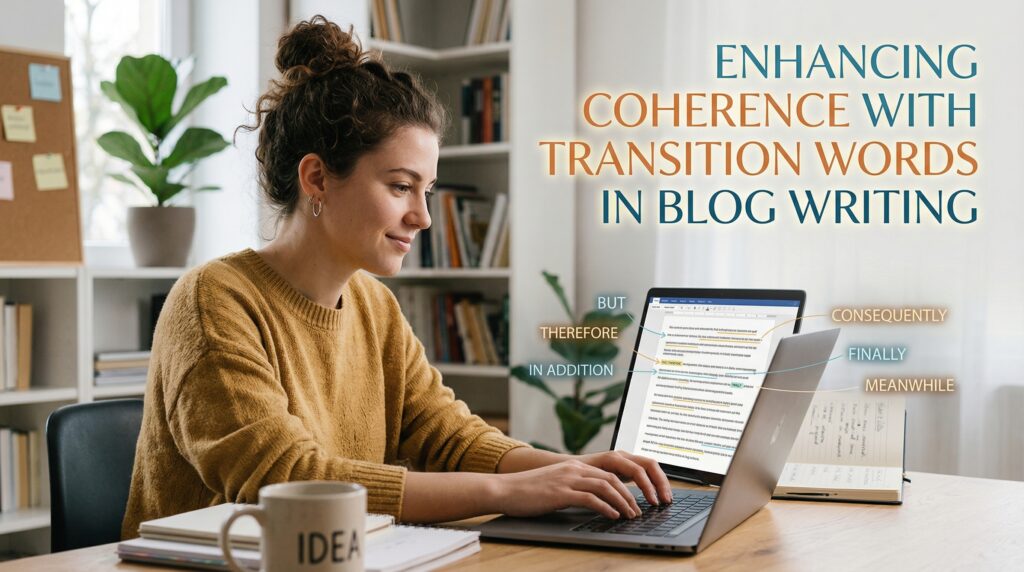 A woman working on a laptop in a cozy home office, focusing on improving her writing using transition words in blog writing to enhance coherence and flow.