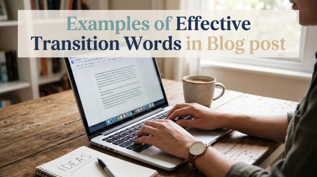 A person typing on a laptop at a wooden table with a notebook and pen nearby, working in a bright room with bookshelves in the background.