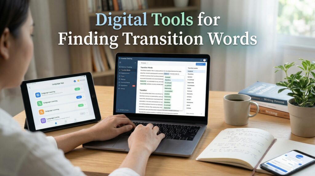 A person using a laptop and tablet at a wooden desk with a notebook, coffee cup, and potted plant in a bright, cozy workspace.