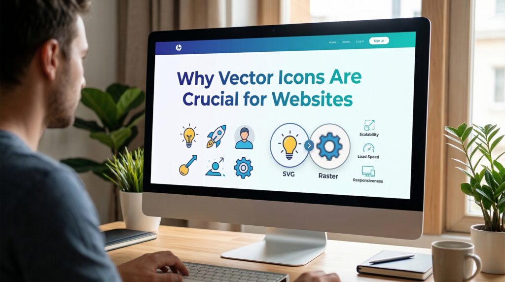 Man browsing top vector icons for websites on a desktop computer, reviewing different icon styles and their benefits for web design projects.