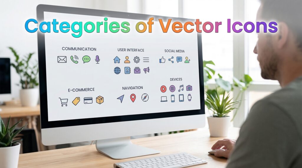 Designer exploring categories of top vector icons for websites on a desktop computer, viewing icons for communication, navigation, and e-commerce.