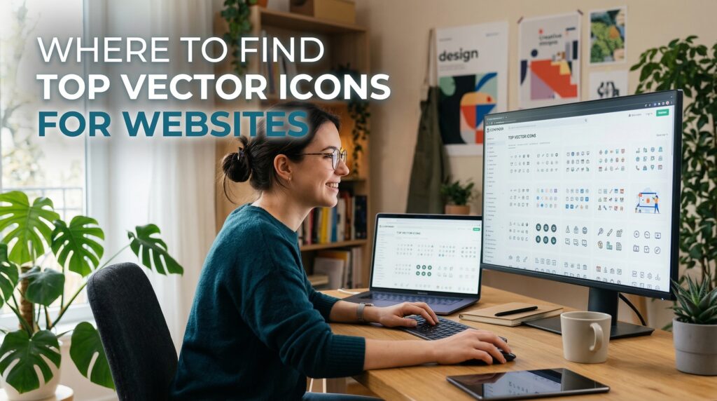 Designer searching for top vector icons for websites on a large monitor and laptop in a creative home office environment.