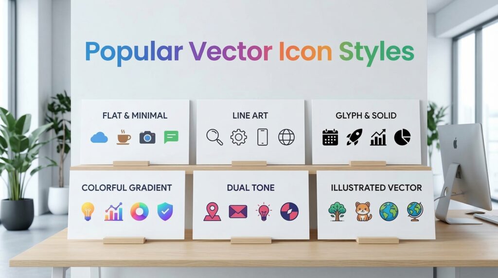 Display of various vector icon styles, including flat, line art, glyph, colorful gradient, dual tone, and illustrated icons, arranged on a modern office desk.