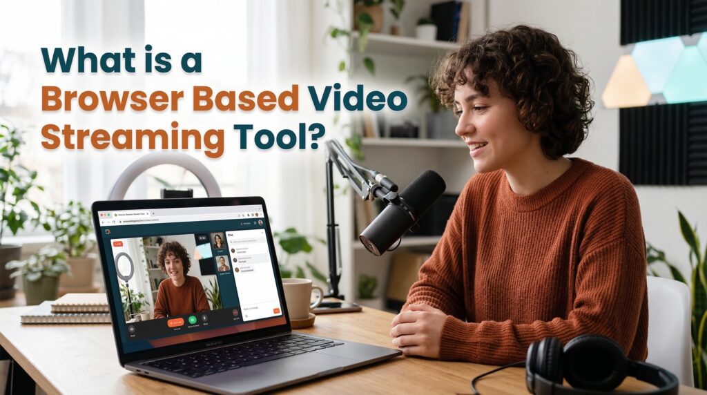 A woman speaking into a microphone while using a browser based video streaming tool on her laptop in a cozy, well-lit home office setting.
