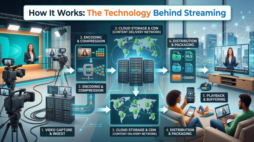 A detailed infographic illustrating the process of video streaming technology, highlighting key steps involved in a browser based video streaming tool from capture to playback.