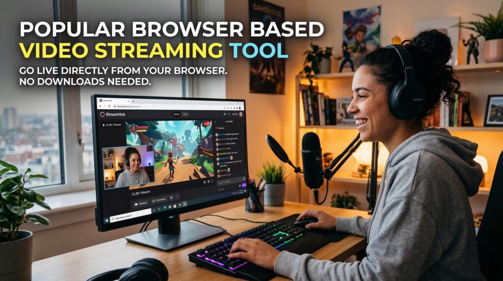 A woman smiling while using a browser based video streaming tool on her desktop computer, engaging with live viewers in a cozy, well-lit room.