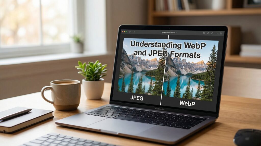 A laptop on a wooden desk displaying a comparison of image formats, illustrating the impact of WebP vs JPEG for website speed in digital content optimization.