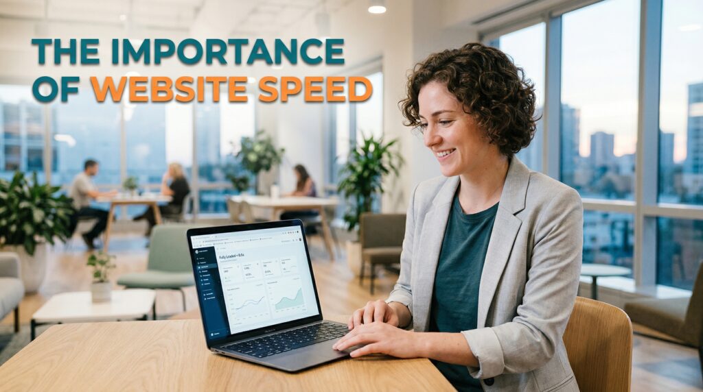 A woman working on a laptop in a modern office setting, demonstrating the importance of WebP vs JPEG for website speed through data analysis and performance metrics.