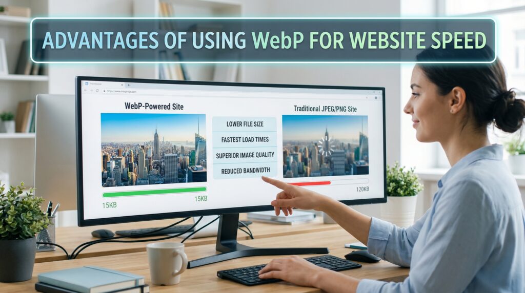 A woman pointing at a computer screen comparing image formats, highlighting the benefits of WebP vs JPEG for website speed in optimizing web performance.