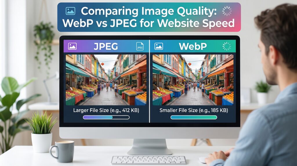 A person sitting at a desk in a bright room, looking at a computer screen displaying a side-by-side comparison of two colorful market street images.