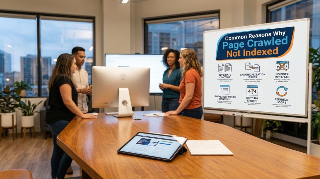 A group of people in an office discussing common reasons why crawled not indexed occurs, with a presentation board highlighting SEO issues.