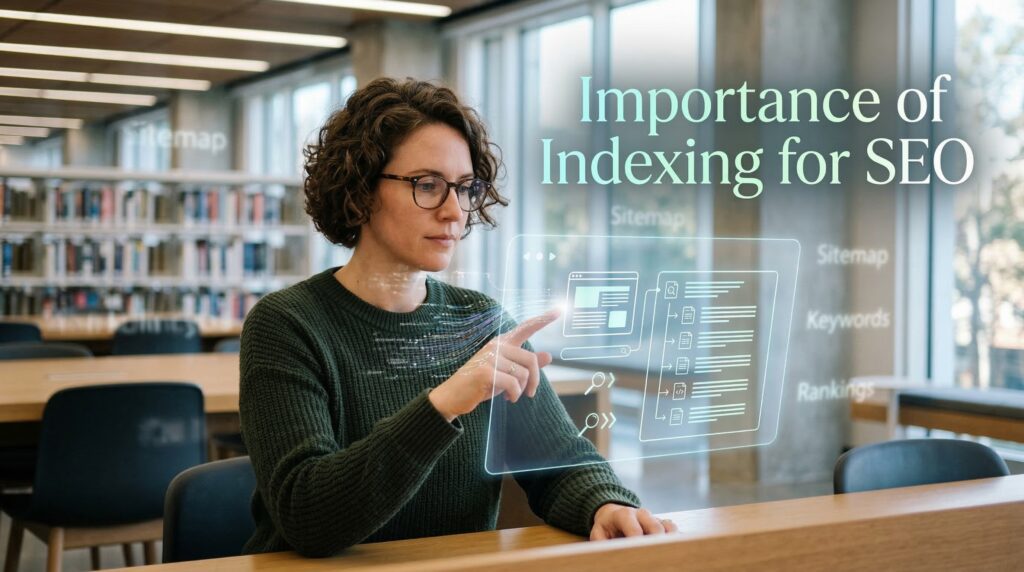 A woman in a library using a digital interface to analyze why crawled not indexed impacts the importance of indexing for SEO and website visibility.
