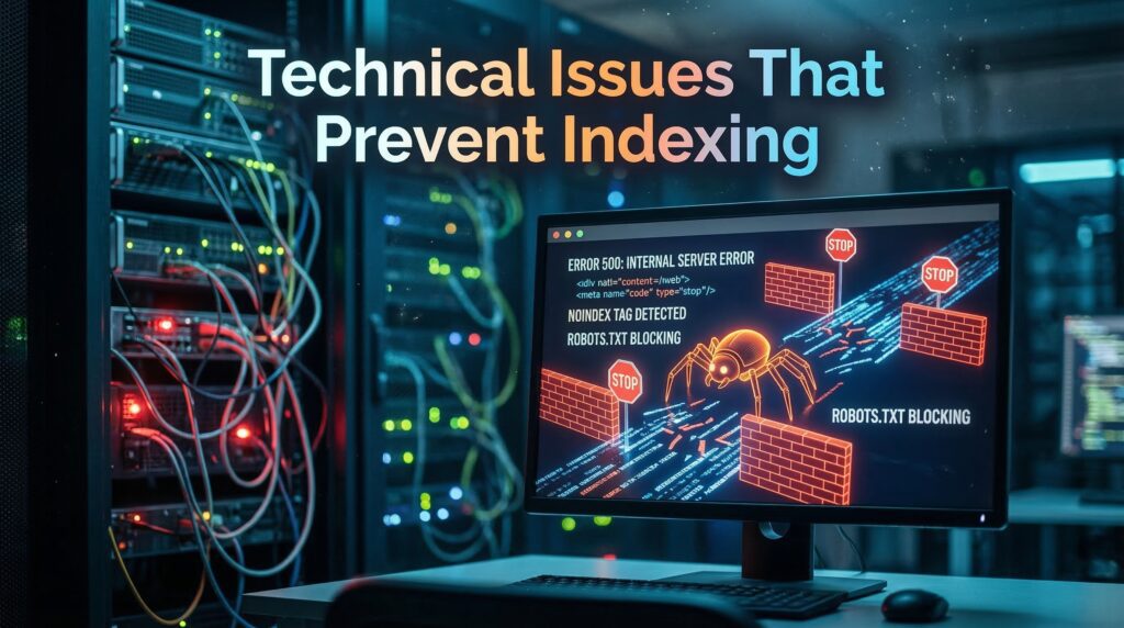 A computer monitor in a server room displays error messages and barriers related to indexing issues, highlighting technical problems that prevent website indexing.